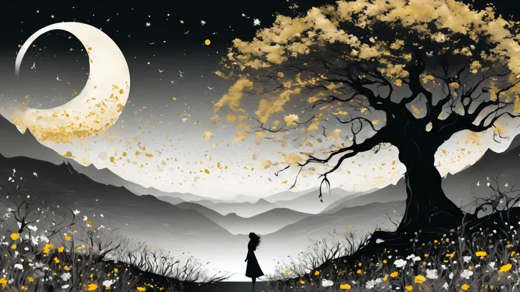 vetor arte, surreal, a field of flowers, in the distance an old tree, mountains, textures, it appears as a shadow, In front of the majestic crescent Moon, The wind causes flower petals to fly, giving a mystical air to the scene, In the foreground, The Shad...