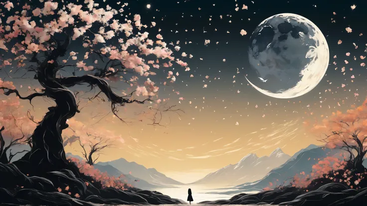 vetor arte, surreal, a field of flowers, in the distance an old tree, mountains, textures, it appears as a shadow, In front of the majestic crescent Moon, The wind causes flower petals to fly, giving a mystical air to the scene, In the foreground, The Shad...