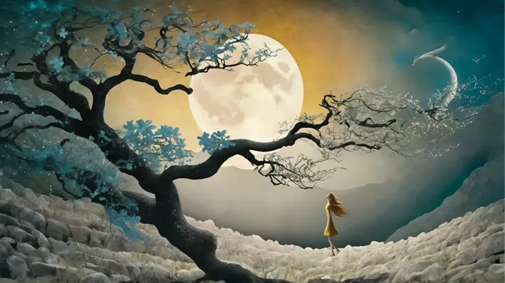 vetor arte, surreal, a field of flowers, in the distance an old tree, mountains, textures, it appears as a shadow, In front of the majestic crescent Moon, The wind causes flower petals to fly, giving a mystical air to the scene, In the foreground, The Shad...