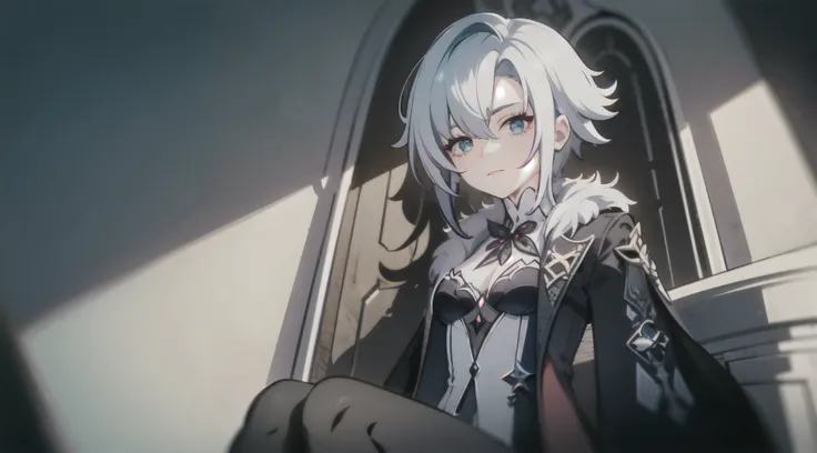 1girl, (solo), full body, ((masterpiece)), (shadow), full shot, [slim], (small breasts), low angle shot, (detailed), cinematic lighting, (textured skin), ((sharp focus)), ((very clear)), winter coat, leggings, shoes, palace, (throne:1.2), white hair, black...