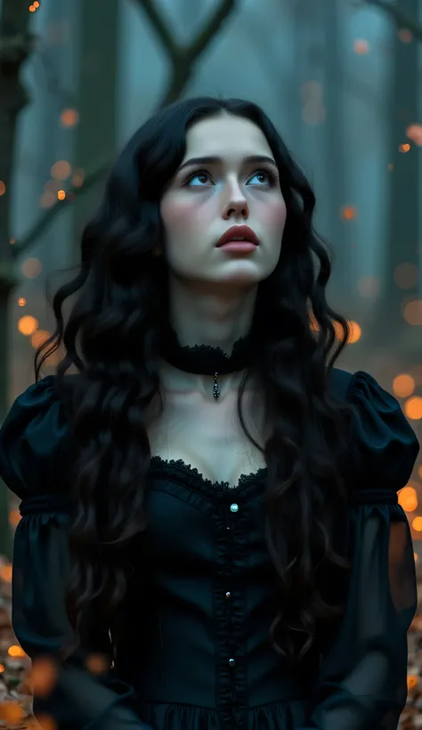 a full body dramatic artistic dynamic shot of a young beautiful woman with dark wavy hairstyle, wearing goth rennaissance dress, submissive feel , 8k, professional, highly detailed, photorealistic, intricate, dramatic, dynamic pose, cute female, wavy dark ...