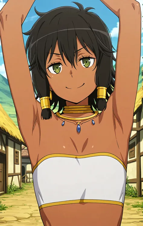 masterpiece, best quality, amazing quality, anime screencap, anime coloring, 1girl, solo, dark skin, short hair, hair tubes, black hair, green eyes, earrings, TionaHiryute, neck ring, necklace, white bandeau, flat chest, arm up, raised arms, armpits, head ...