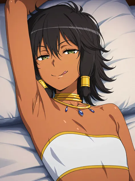 masterpiece, best quality, amazing quality, anime screencap, anime coloring, 1girl, solo, dark skin, short hair, hair tubes, black hair, green eyes, earrings, TionaHiryute, neck ring, necklace, white bandeau, flat chest, arm up, raised arm, armpit, armpit ...