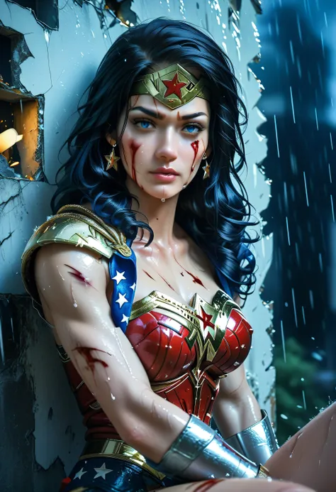 (Wonder Woman, sitting against a shattered wall, injured but defiant, armor scorched, blood on her cheek, no cape, hair messy and wild, holding her golden lasso tightly), stormy skies overhead, rain falling, debris around her, cinematic tension, sparks and...
