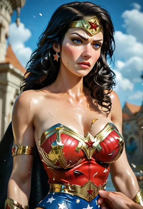 (Wonder Woman, laying in a crater after a massive impact, no cape, armor partially damaged and scorched, hand gripping broken earth, determined expression through pain, golden lasso tangled around her arm), smoke rising from the ground, glowing cracks bene...