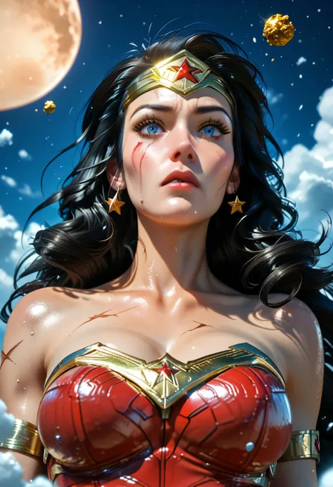 (Wonder Woman, laying in a crater on a moon-like battlefield, no cape, red and gold armor covered in dust and impact scars, golden lasso floating beside her in zero gravity, eyes open, stunned but conscious), space debris floating, stars and planets visibl...