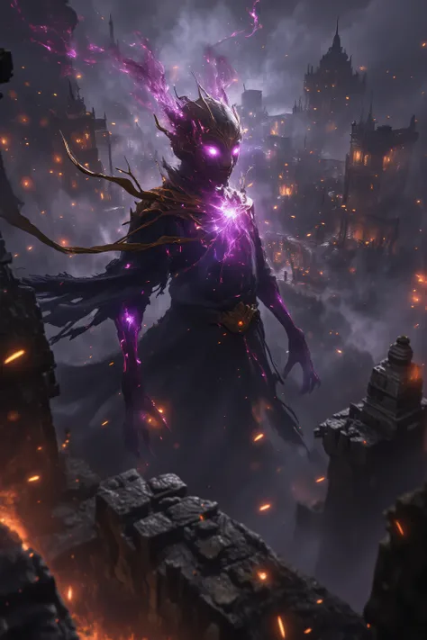 Afterlife, enigmatic, mystery, he flying from sky and watching on mediaval city, fog of war, elemental, badass, glowing purple eyes, golden grin mouth #beyondtheveil