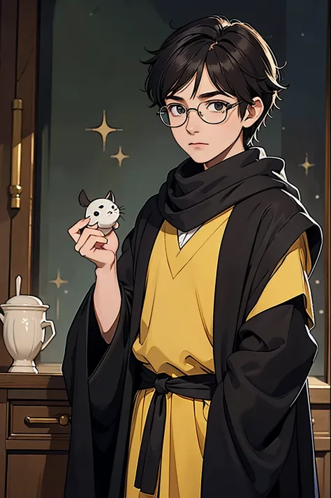 A young male wizard student from Hufflepuff at Hogwarts, in anime/manga style. He has pale skin, vibrant green eyes, dark brown messy hair, and wears round glasses. He is dressed in a classic Hufflepuff school uniform with a slightly crooked yellow-and-bla...