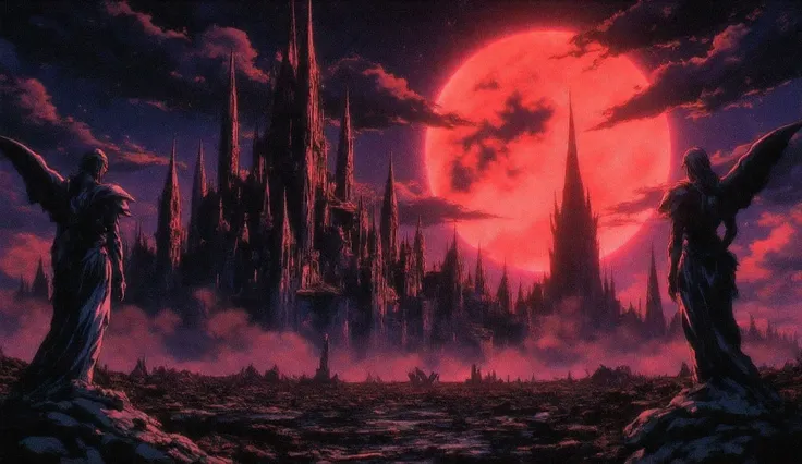 highly detailed dark fantasy anime landscape, ruined gothic city, crumbling spires and towers, red eclipse sky, ash falling, distant fires, broken statues, dramatic lighting, cinematic atmosphere, deep shadows, high contrast, anime background style, destro...