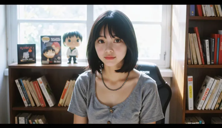 A beautiful 20-year-old Japanese girl with short straight and silky black hair and amber eyes, wearing a gray wide-neck t-shirt and a chain adornment around the neck, with giant saggy breasts. Your skin is delicate and oily, Sitting on a gamer chair in her...