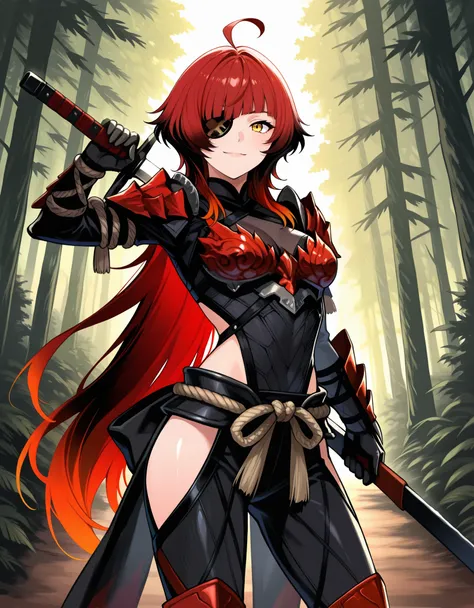 score_9, score_8_up, score_7_up, source_anime, 1girl, solo, smile, ahoge, eyepatch, holding sword unsheathing, wolf cut, very long hair, red hair, gradient hair, multicolored hair, black hair, detailed eyes, Enchanting Eyes, yellow eyes, odograon armor, re...