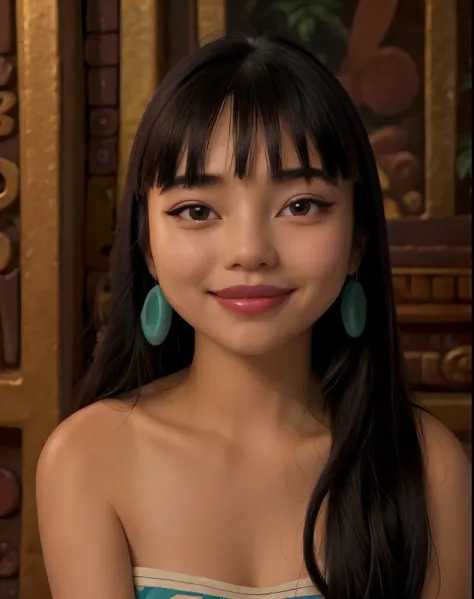 1 , Alone, Sensual,  Chel, black hair, long hair, blunt bangs, brown eyes, dark skin, lipstick, portrait, smile