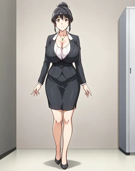     source    _ Animated, 1woman, Sayama ,  only ,mature woman,  huge breasts ,   big breasts,  curvilinear,  volarribatuous  , legs,  black hair,  brown eyes, individual bun,  black business jacket , neckline, short black business skirt,  smile,   of foot...