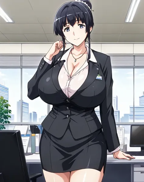    source    _ Animated, 1woman, Sayama ,  only ,mature woman,  huge breasts ,   big breasts,  curvilinear,  volarribatuous  , legs,  black hair,  blue eyes, individual bun,  black business jacket , neckline, short black business skirt,  smile,  Women's t...