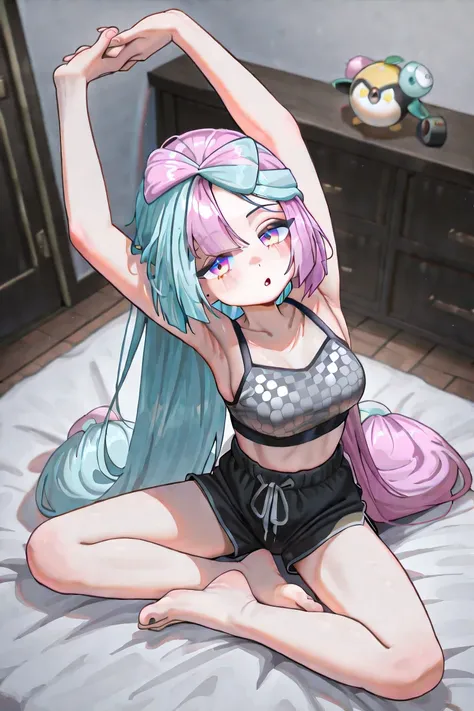 Iono (Pokémon Scarlet e Violet), young girl, ((((Just 1 Iono)))), medium breasts, Very long hair, Loose hair,  bicolor hair, light blue and pink hair, two-toned eyes, pink and blue eyes, Sleepy expression , bocejando, extremely detailed face, anime clothes...