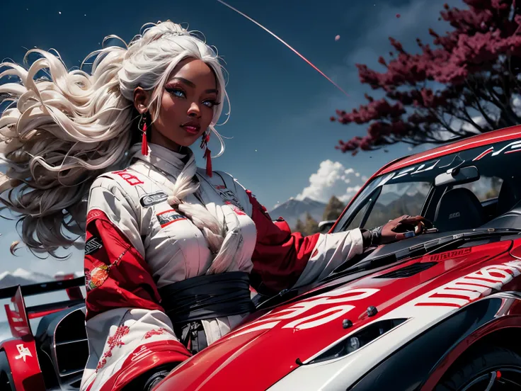 1girl, firestyle racecar driver, dark skin, very long platinum white hair, vibrant moonlight eyes, long detailed eyelashes, gloves, wide sleeves, , tassel, sash, the most beautiful and highly detailed racetrack, woman in car driving, car is a F1 firered ra...