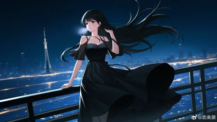 A girl is looking at the night city view of Chongqing China. Long black hair blowing in the wind, wearing a simple long black dress pressed. The art is so aesthetic