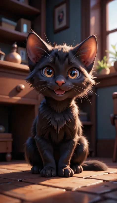 3D character, cute happy black kitten, sitting on the floor beside the desk, Inside the room, masterpiece, Background Blur.
