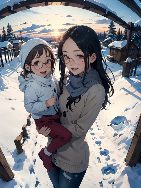 Masterpiece, best quality, high image quality ,( Super flat , flat shaded ), fish eye lens ,Beautiful little, Trained young mother and her very cute little training daughter:1.25, Warm scarf ,(naked),long hair,glasses, ,smile, smile, white...