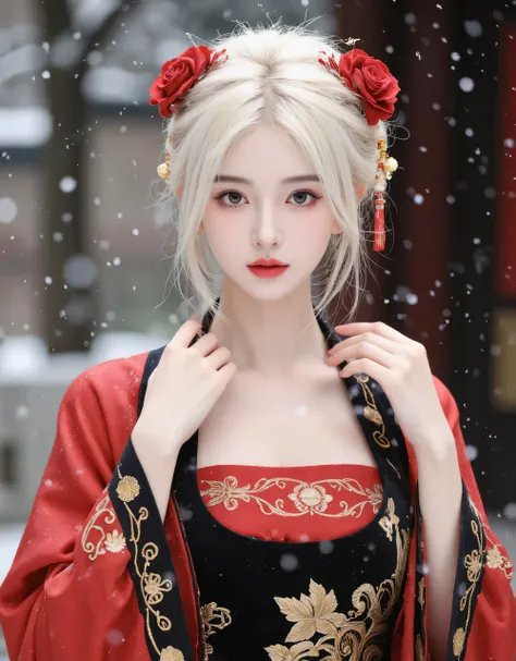 Snowy royal beauty, (wearing an elegant red and black traditional gown with golden embroidery:1.3), luxurious winter dress, graceful updo with red roses and golden ornaments, soft platinum blonde hair, ((the most exquisite and refined hair accessories:1.8)...