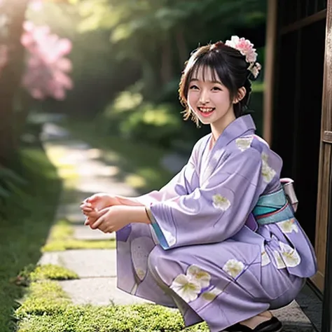 masterpiece , realistic , ultra detailed , (1girl) , laugh, (chubby:0.6), (yukata), (flower corridor), (squatting),(sunlight, ray tracing)