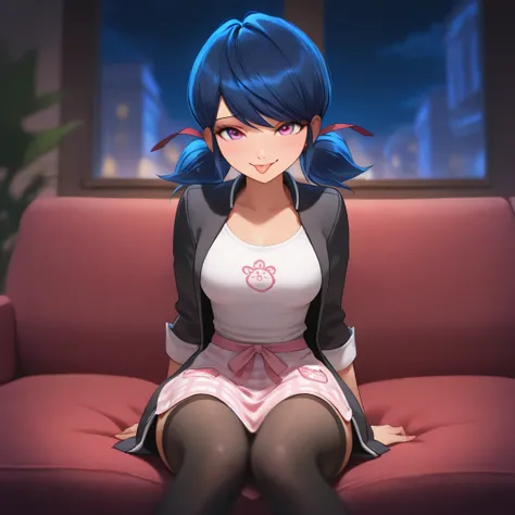 1girl, solo, Marinette Dupain Cheng, night time, blue hair, side smile,looking at viewer, apron , indoors, depth of field, living room, sitting on sofa, relaxing, relaxing poses, seductive expression, (white t shirt), ((black jacket)), (black stockings), m...