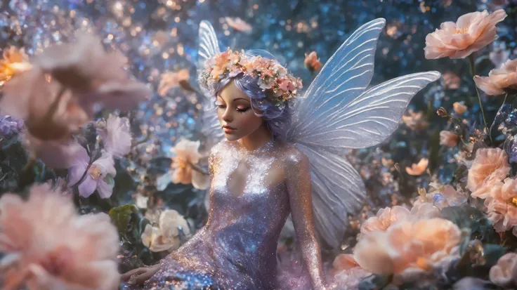A glitter fairy near some flowers