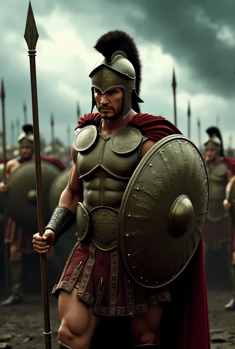 **Prompt:**     Imagine a hyperrealistic scene set during the Archaic prehistoric Greek antiquity era, featuring a fierce Spartan king, a hoplite warrior with a perfectly athletic and muscular physique. He is leading his towering unit of Spartan warriors, ...
