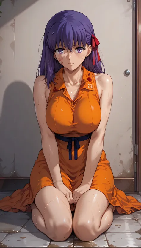 Sakura Matou, fate stay night: heaven's feel, a girl with   white skin, big breasts, beautiful body, purple hair (long, loose, and messy hair), purple eyes, (((wearing a  short,    sleeveless, maximum security inmate orange dress with  the ID number: inmat...