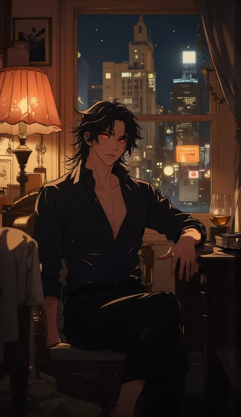 anime style, high-quality illustration, ultra-detailed, 8k, masterpiece, best quality, sharp details, soft lighting
handsome male character, long black hair, red eyes, calm glossy eyes, pale skin, relaxed and laid-back expression, lounging alone by a wind...
