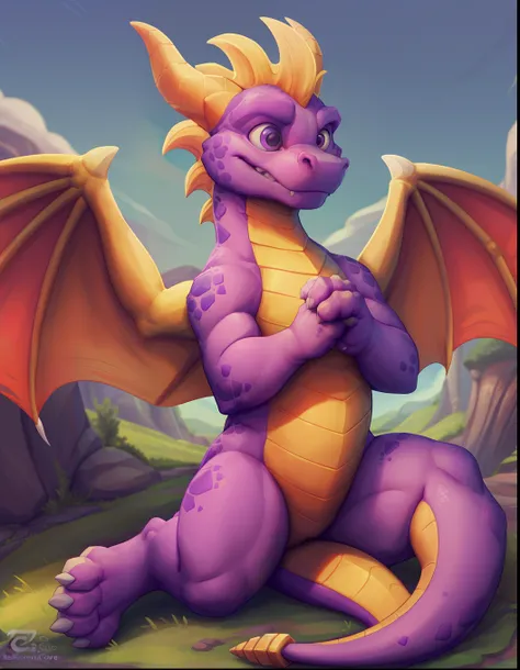 Spyro the dragon,(((detailed eyes, detailed face))), ((4 fingers on hands)), spyro world background, green grass, flying islands, blue sky, purple pupils, young, feral, skinny, yellow horns, spyro dragon tail, Uploaded to e621.net, (by thesecretcave, by to...