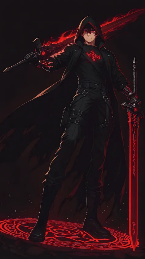 18-year-old male, dark urban fantasy style, black parka jacket with red glowing mystical kanji strips, glowing red eyes under shadowed hood, slim and athletic build, mechanical demonic right arm with gothic details, black fitted shirt with ancient runes, t...