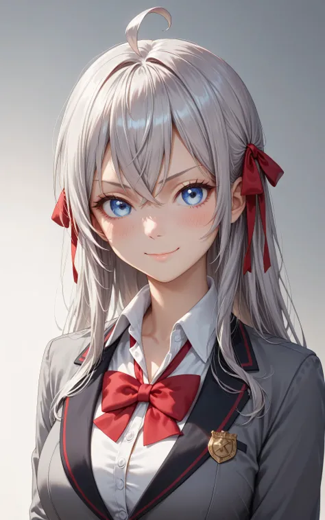 masterpiece, best quality, amazing quality,
1girl, solo, looking at viewer, gradient background, upper body, cute face, blush, 
long hair, silver hair, ahoge, crossed bangs, red hair ribbon, sidelocks, blue eyes, smile, closed mouth, 
school uniform, grey ...