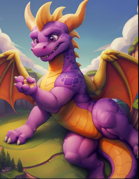Macro, Spyro the dragon,(((detailed eyes, detailed face))), soft Belly, thick Tail bottom, ((4 fingers on hands)), spyro world background, green grass, flying islands, blue sky, purple pupils, young, feral, skinny, yellow horns, spyro dragon tail, Uploaded...