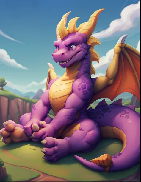 Macro, Spyro the dragon,(((detailed eyes, detailed face))), soft Belly, thick Tail bottom, ((4 fingers on hands)), spyro world background, green grass, flying islands, blue sky, purple pupils, young, feral, skinny, yellow horns, Uploaded to e621.net, (by t...