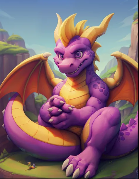 Macro, Spyro the dragon,(((detailed eyes, detailed face))), soft Belly, thick Tail bottom, ((4 fingers on hands)), spyro world background, green grass, flying islands, blue sky, purple pupils, young, feral, skinny, yellow horns, Uploaded to e621.net, (by t...