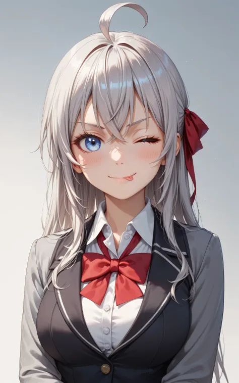 masterpiece, best quality, amazing quality,
1girl, solo, looking at viewer, gradient background, upper body, cute face, blush,
long hair, silver hair, ahoge, crossed bangs, red hair ribbon, sidelocks, blue eyes, smile, closed mouth, one eye closed, tongue...