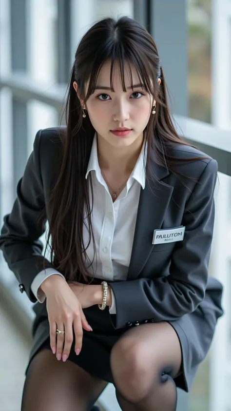 Best Quality, Sleek long black hair , professional OL with long black hair, dynamic squat pose, detailed eye and skin texture, studio lighting, 30 years old, dark eyes, elegant, medium breasts, plump lips, earrings, necklace, Charcoal Tight Suit , whi...