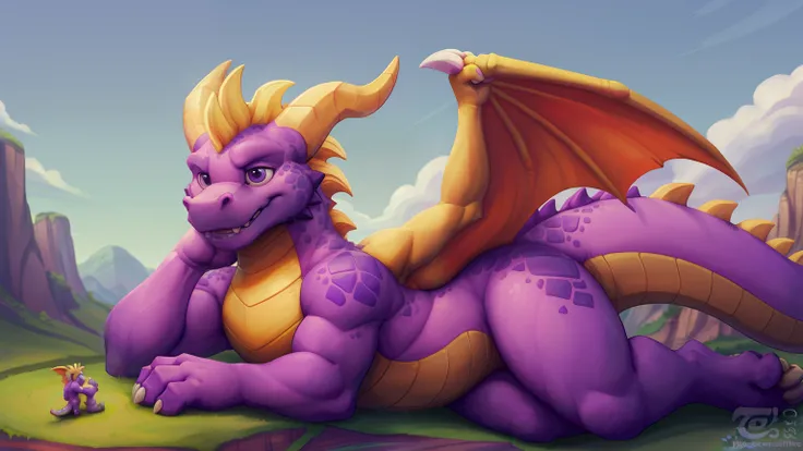Macro, Spyro the dragon,(((detailed eyes, detailed face))), soft Belly, thick Tail bottom, ((4 fingers on hands)), spyro world background, green grass, flying islands, blue sky, purple pupils, young, feral, skinny, yellow horns, Uploaded to e621.net, (by t...