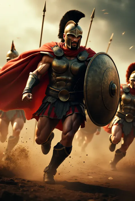 **Prompt:**     Imagine a hyperrealistic scene set during the Archaic prehistoric Greek antiquity era, featuring a fierce sprinting Spartan king, a hoplite warrior with a perfectly athletic and muscular physique. He is leading his towering unit of charging...