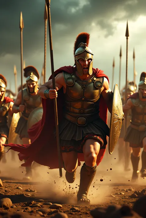 **Prompt:**     Imagine a hyperrealistic scene set during the Archaic prehistoric Greek antiquity era, featuring a fierce sprinting Spartan king, a hoplite warrior with a perfectly athletic and muscular physique. He is leading his towering unit of charging...