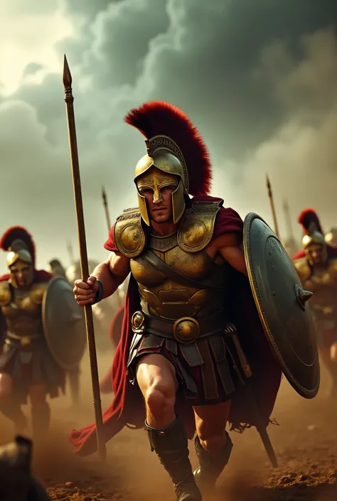 **Prompt:**     Imagine a hyperrealistic scene set during the Archaic prehistoric Greek antiquity era, featuring a fierce sprinting Spartan king, a hoplite warrior with a perfectly athletic and muscular physique. He is leading his towering unit of charging...