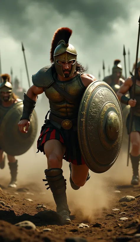 **Prompt:**     Imagine a hyperrealistic scene set during the Archaic prehistoric Greek antiquity era, featuring a fierce sprinting Spartan king, a hoplite warrior with a perfectly athletic and muscular physique. He is leading his towering unit of charging...