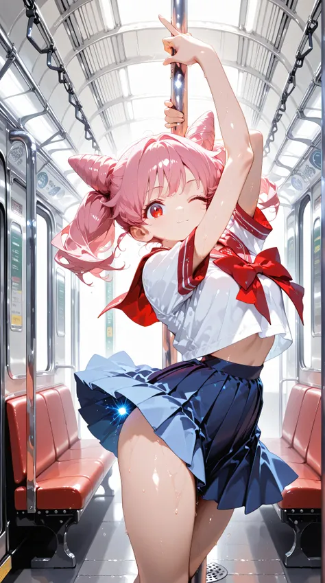 sagawa,Masterpiece, solo, 1girl, female focus, dynamic pose, aacusa, short hair, pink hair, cone hair bun, twintails, red eyes, serafuku, red sailor collar, red bowtie, white shirt, short sleeves, blue skirt, subway wagon, ultra detailed wagon, pole dance,...
