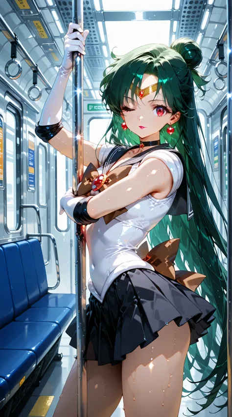 sagawa,Masterpiece, solo, 1girl, female focus, dynamic pose, subway wagon, ultra detailed wagon, pole dance, sweaty, wink, SFW, fractal light, setsuna meiou, long hair, red eyes, very long hair, green hair, hair bun, single hair bun, maeup, lipstick, skirt...