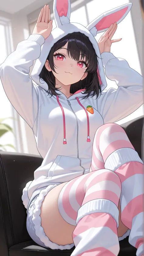 ((detailed eyes)),((correct_anatomy)),((high_quality)), ((Super_Detailed)), ((Best Quality)),((score_9, source_anime)),((fix hands)),((fix fingers)), solo, 1girl, medium hair, medium breasts, :3, ((bunny ear hoodie, fluffy clothes, long hoodie, hood on, fl...