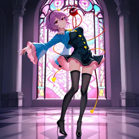 (score_9), komeiji_satori, longlegs_v0.22_pony, solo, 1 skinny girl standing, BREAK, (cropped coat), black short dress, thigh gap, black thighhighs, stiletto heels, BREAK, looking at viewer, bouncing unaligned breasts, arched back, BREAK,  stained glass