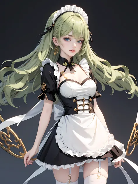1girl, green hair, harness, white cropped and shorts, chinese maid design, solo, buns hairstyle, symmetrical gloves, high socks, flare socks, harness, chinese maid dress, v neckline, garter on the legs, stand up, white apron, maid dress, chinese maid, chin...