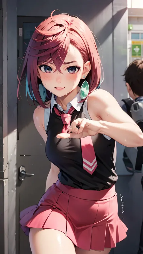 1 Female,High definition,high resolution,Ultra-realistic,8K, hy1, hair ornament, multicolored hair, necktie, skirt, sleeveless, , pink skirt, tight skirt,miniskirt, jewelry,European,sexy,Upper body close-up,Photographed from the front,Dynamic Angles,blush,...