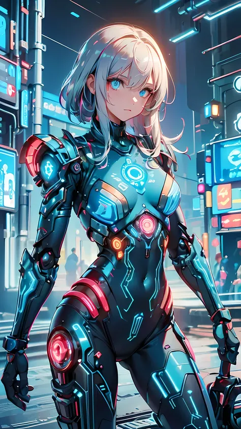 ((best quality)), ((masterpiece)), (detailed), perfect face, ((Best quality, 8k, Masterpiece: 1.3)), sparkle, glowing light, cinematic lighting, backlighting, Android woman, silver hair, glowing metallic body:1.2, glowing armor:1.2, background(A digitalize...